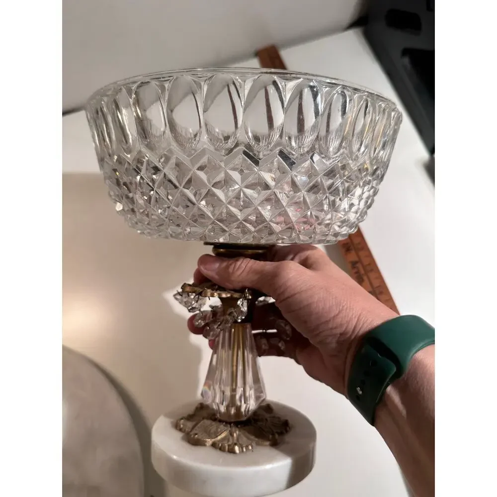 VTG Hollywood Regency Crystal pedestal Bowl W/Prisms Brass Glass Marble Base